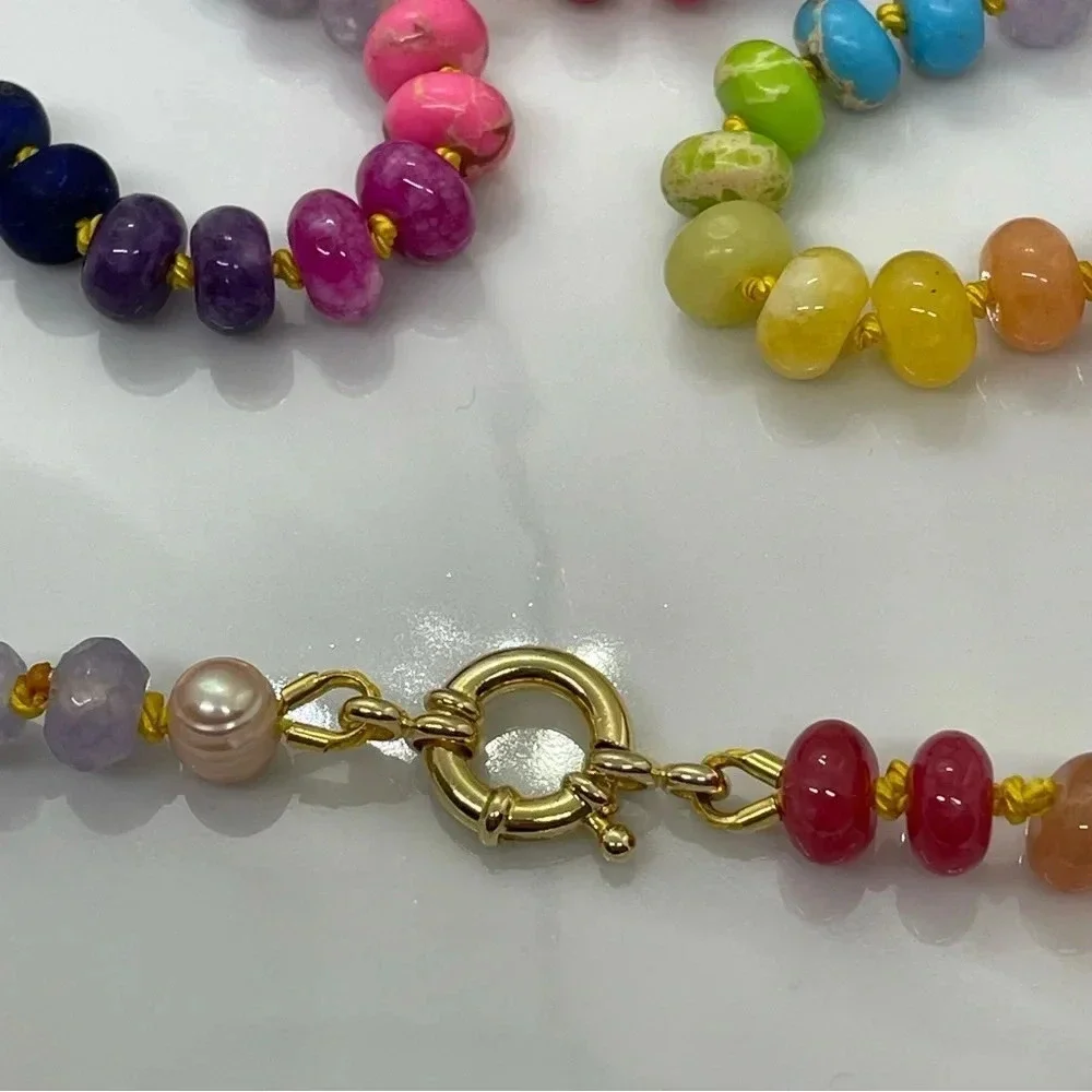 Rainbow Hand Knotted Beaded Necklace 22” Gemstones Silk Gold Plated 925 Silver - Picture 3 of 7